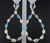 Оригинальные серебряные серьги с топазами, танзанитами и эфиопскими опалами Серебро 925