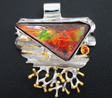 Серебряный кулон с аммолитом аммонита и оранжевым сапфиром Серебро 925