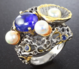 Серебряное кольцо с синими сапфирами и жемчугом Серебро 925