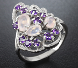 Прелестное серебряное кольцо с розовым кварцем и аметистами Серебро 925