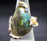 Серебряное кольцо c лабрадоритом и синими сапфирами Серебро 925
