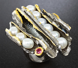 Серебряное кольцо с жемчугом и рубином Серебро 925