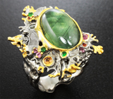 Серебряное кольцо с перидотом, цаворитами и разноцветными сапфирами