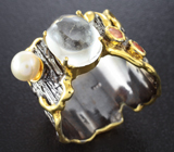Серебряное кольцо с бесцветным кварцем, жемчужиной и сапфирами Серебро 925