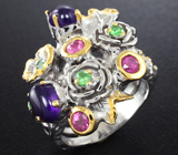 Серебряное кольцо с аметистами, цаворитами и розовыми сапфирами Серебро 925