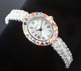 Часы с разноцветными сапфирами на серебряном браслете с лунным камнем Серебро 925
