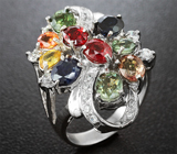 Праздничное cеребряное кольцо с разноцветными сапфирами Серебро 925