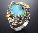 Серебряное кольцо с ларимаром и цаворитами Серебро 925