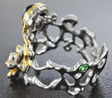 Серебряное кольцо с кристаллическим черным опалом, цаворитами и розовым сапфиром Серебро 925