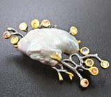 Серебряная брошь с жемчужиной барокко, разноцветными сапфирами и танзанитами Серебро 925