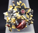 Серебряное кольцо со скаполитом с «кошачьим глазом» и гранатами Серебро 925