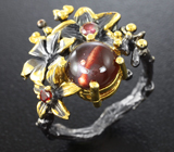 Серебряное кольцо со скаполитом с «кошачьим глазом» и гранатами Серебро 925