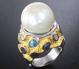 Массивное серебряное кольцо с крупной жемчужиной и радужным абалоном Серебро 925