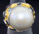 Массивное серебряное кольцо с крупной жемчужиной и радужным абалоном Серебро 925