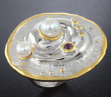 Серебряное кольцо с жемчугом, родолитом и желтыми сапфирами Серебро 925