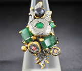Серебряное кольцо с цветной c жемчужиной, изумрудами и сапфирами Серебро 925