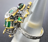 Серебряное кольцо с цветной c жемчужиной, изумрудами и сапфирами Серебро 925
