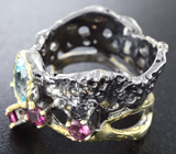 Серебряное кольцо с голубым топазом и родолитами Серебро 925