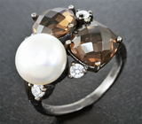 Серебряное кольцо с жемчужиной и дымчатым кварцем Серебро 925