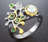Серебряное кольцо с жемчужиной и диопсидами Серебро 925