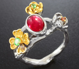 Серебряное кольцо с рубином, оранжевым сапфиром и цаворитами Серебро 925