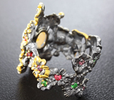 Серебряное кольцо с жемчужиной, цаворитами и сапфирами Серебро 925