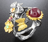 Серебряное кольцо с рубином 3,79 карат, цаворитом и сапфирами Серебро 925