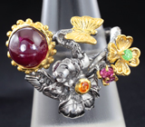 Серебряное кольцо с рубином 3,79 карат, цаворитом и сапфирами Серебро 925