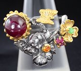 Серебряное кольцо с рубином 3,79 карат, цаворитом и сапфирами Серебро 925