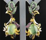 Серебряные серьги с пренитами, гранатами и сапфирами Серебро 925