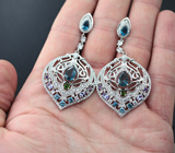 Филигранные серебряные серьги с насыщенно-синими топазами, диопсидами, аметистами и танзанитами Серебро 925