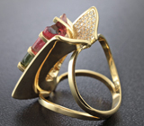 Золотое кольцо с крупным полированным кристаллом арбузного турмалина 13,8 карат, 28 бриллиантами и лейкосапфирами Золото