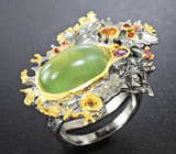 Серебряное кольцо с пренитом и сапфирами Серебро 925