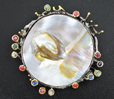 Серебряный кулон с пузырчатой жемчужиной и разноцветными сапфирами Серебро 925