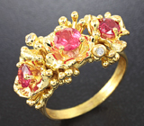 Золотое кольцо с топовыми земляничными шпинелями 1,15 карат и бриллиантами Золото