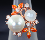 Оригинальное серебряное кольцо с жемчужиной, розовым кварцем и цветной эмалью Серебро 925