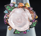 Серебряное кольцо с резным розовым кварцем и самоцветами Серебро 925