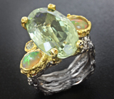 Серебряное кольцо с зеленым аметистом, эфиопскими опалами и голубыми топазами Серебро 925