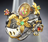 Серебряное кольцо с эфиопским опалом, цаворитами гранатами и сапфирами