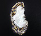 Серебряный кулон с жемчужиной барокко и синими сапфирами Серебро 925