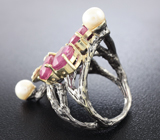Серебряное кольцо с рубинами и жемчугом Серебро 925