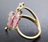Золотое кольцо с резными арбузными турмалинами 1,69 карат и бриллиантами Золото