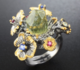 Серебряное кольцо с грубообработанным апатитом и разноцветными сапфирами  Серебро 925