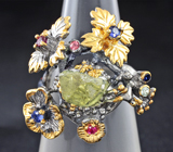 Серебряное кольцо с грубообработанным апатитом и разноцветными сапфирами  Серебро 925