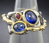 Серебряное кольцо с синими сапфирами и родолитом Серебро 925