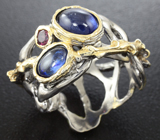 Серебряное кольцо с синими сапфирами и родолитом Серебро 925