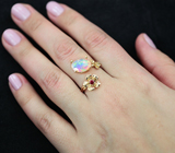 Золотое кольцо с ограненным эфиопским опалом 2,01 карат, рубином и бриллиантом Золото