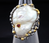 Серебряное кольцо с жемчужиной, с инкурстированной рубином Серебро 925