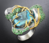 Серебряное кольцо с голубым топазом и цаворитами Серебро 925