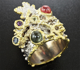 Серебряное кольцо с турмалинами, синим сапфиром и аметистом Серебро 925